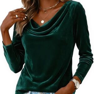 Velvet Drape Neck Blouse - Emerald Green